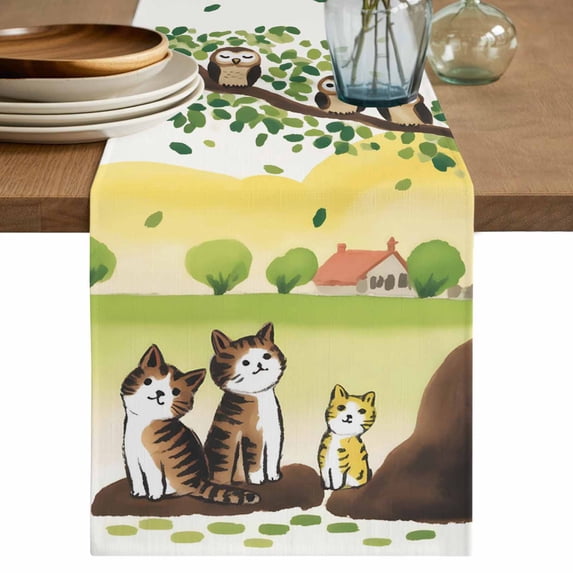Cute Cats Table Runner, Japanese Owls Animals Country Leaves Rustic Washable Cotton Linen Table Runners 120 Inches Long, Dresser Scarf Runner for Dining/Living Room/Kitchen/Square Tables 13''x120''