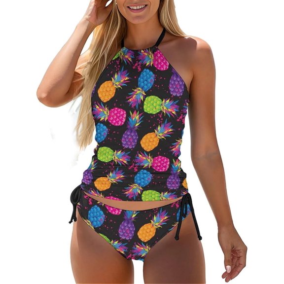 Cute Cats Tankini Swimsuit 2 Piece Women Tummy Control Halter Swimwear Soft Ruched Bathing Suits with Bikini Briefs