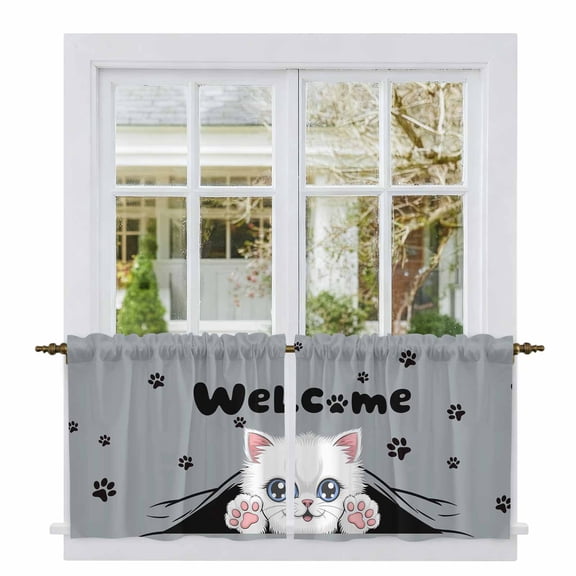 Cute Cats Tier Curtains 24 Inch Length, Vintage Cat Claws Pets Cartoon Kitten Grey Cafe Short Curtains for Bathroom Over Sink, Small Kitchen Curtain Light Filtering Tiered Drapes 2 Panels 27.5"Wx24"L