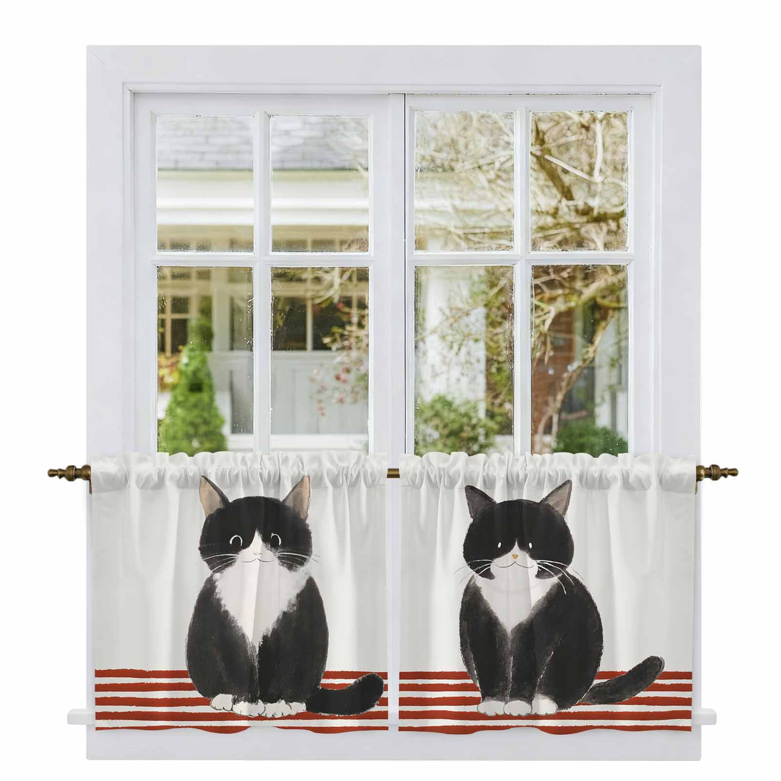 Cute Cats Tier Curtains 36 Inch Length, Modern Abstract Ink Painting ...