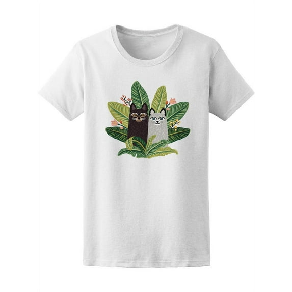 Cute Cats Tropical Leaves Art T-Shirt Women -Image by Shutterstock, Female Large