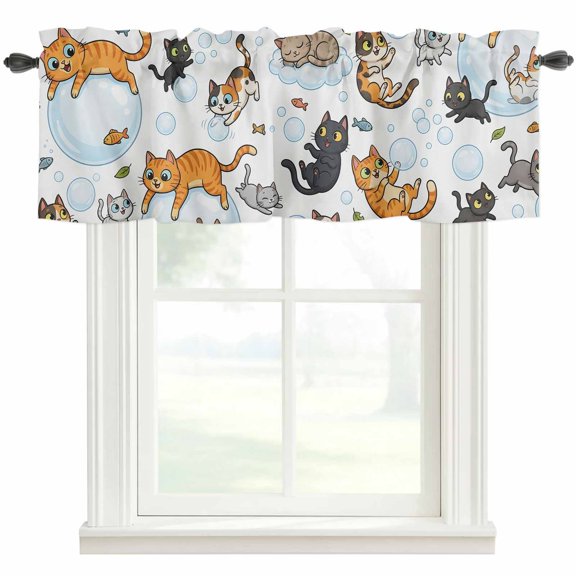 Cute Cats Valances for Windows Black Orange Gray Cat Bubbles Fishes Cartoon Rod Pocket Curtain Valance Window Treatment Short Curtains for Kitchen Living Room, 42"x12"