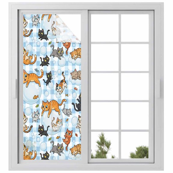 Cute Cats Window Privacy Film, Black Orange Gray Cat Bubbles Fishes Cartoon Blue Plaid Frosted Glass Window Clings Static Cling UV Heat Blocking Reusable Door Sticker for Bathroom 23.6 x 59 Inch