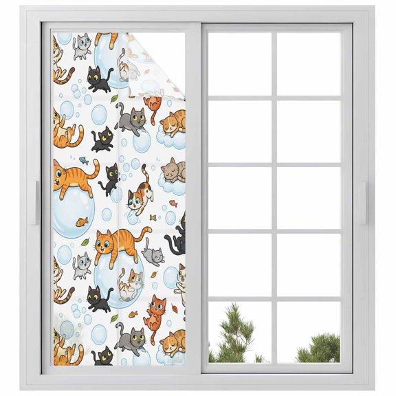 Cute Cats Window Privacy Film, Black Orange Gray Cat Bubbles Fishes Cartoon Frosted Glass Window Clings Static Cling UV Heat Blocking Reusable Door Sticker for Bathroom 23.6 x 59 Inch
