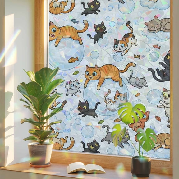 Cute Cats Window Privacy Film, Black Orange Gray Cat Bubbles Fishes Cartoon Stained Glass Rainbow Film Decorative Window Clings, Static Cling Sun Blocking Stickers 23.6" x 59"