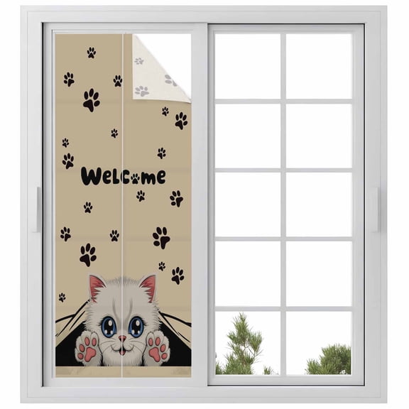 Cute Cats Window Privacy Film, Vintage Cat Claws Pets Cartoon Kitten Brown Static Cling UV Sun Blocking Heat Control Window Tint Day and Night, Non-Adhesive One Way Windows Privacy Cover 23.6''x59''