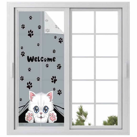 Cute Cats Window Privacy Film, Vintage Cat Claws Pets Cartoon Kitten Grey Static Cling UV Sun Blocking Heat Control Window Tint Day and Night, Non-Adhesive One Way Windows Privacy Cover 23.6''x59''