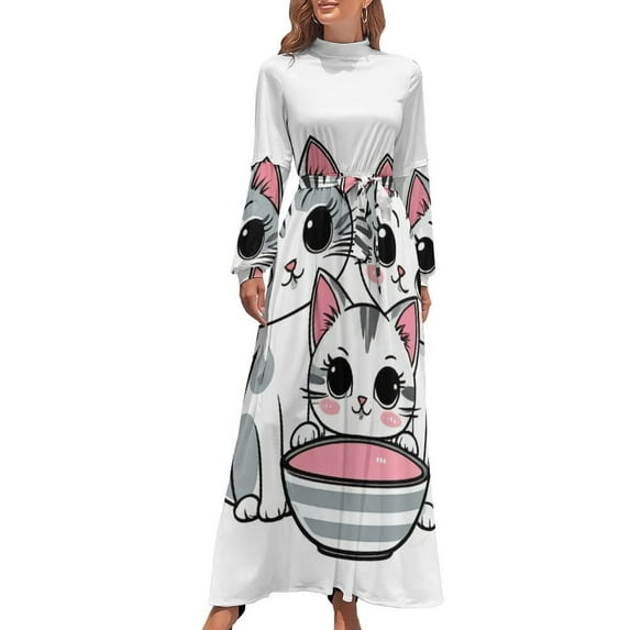 Cute Cats With Bowl Women's Long Dress Long Sleeves Dress Vintage Dresses Party Maxi Dress High Waist Dress