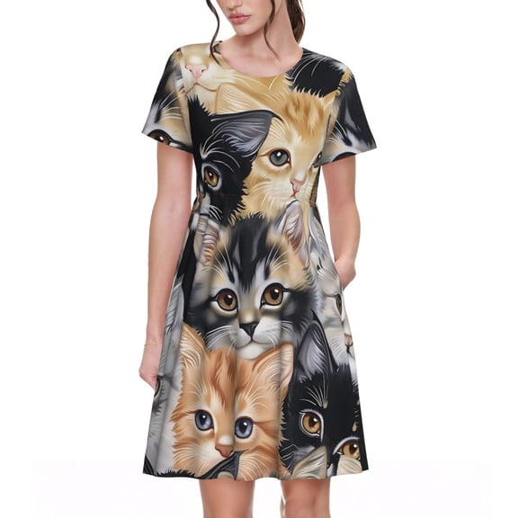 Cute Cats Women's Dresses Short Sleeve Nightdresses for Summer