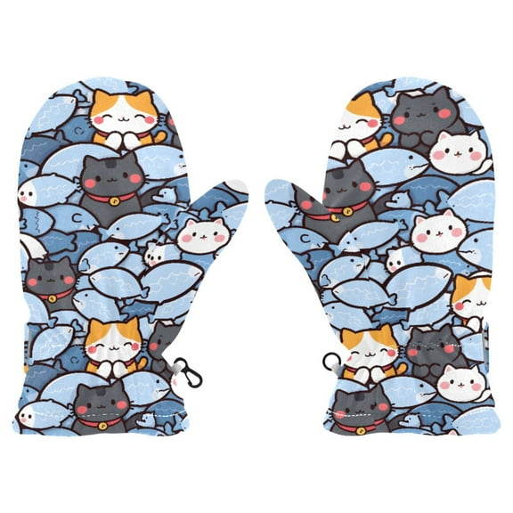 Cute Cats and Fish Cold Weather Mittens Cozy Gloves with Adjustable Fit Perfect for Outdoor Fun