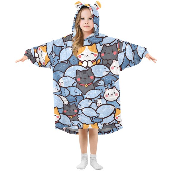 Cute Cats and Fish Wearable Blankets Hoodie Oversize Sherpa Wearable Soft Blanket Warm Cozy 3-14 Age