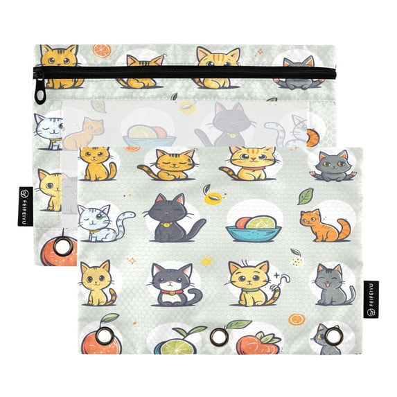 Cute Cats and Fruits 2 Pack Pencil Pouch for 3 Ring Binder Smooth Zipper Folders with Pockets Clear Window Pencil Case