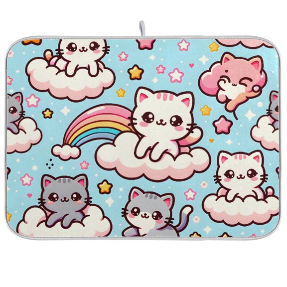 Cute Cats in Rainbow Dish Drying Mat Dish Drainer Rack Mats Water Absorbent Non-Slip Easy Clean Heat Resistant for Kitchen Counter