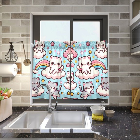 Cute Cats in Rainbow Kitchen Curtains Half Tier Curtain 2 Rod Pockets Bathroom Bedroom Cupborad Living Room 27"x24"