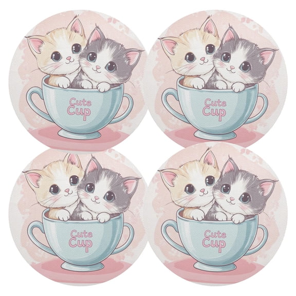 Cute Cats in The Cup PVC Round Grid Placemat Table Mat Set 4 Pcs 15.4" x 15.4"