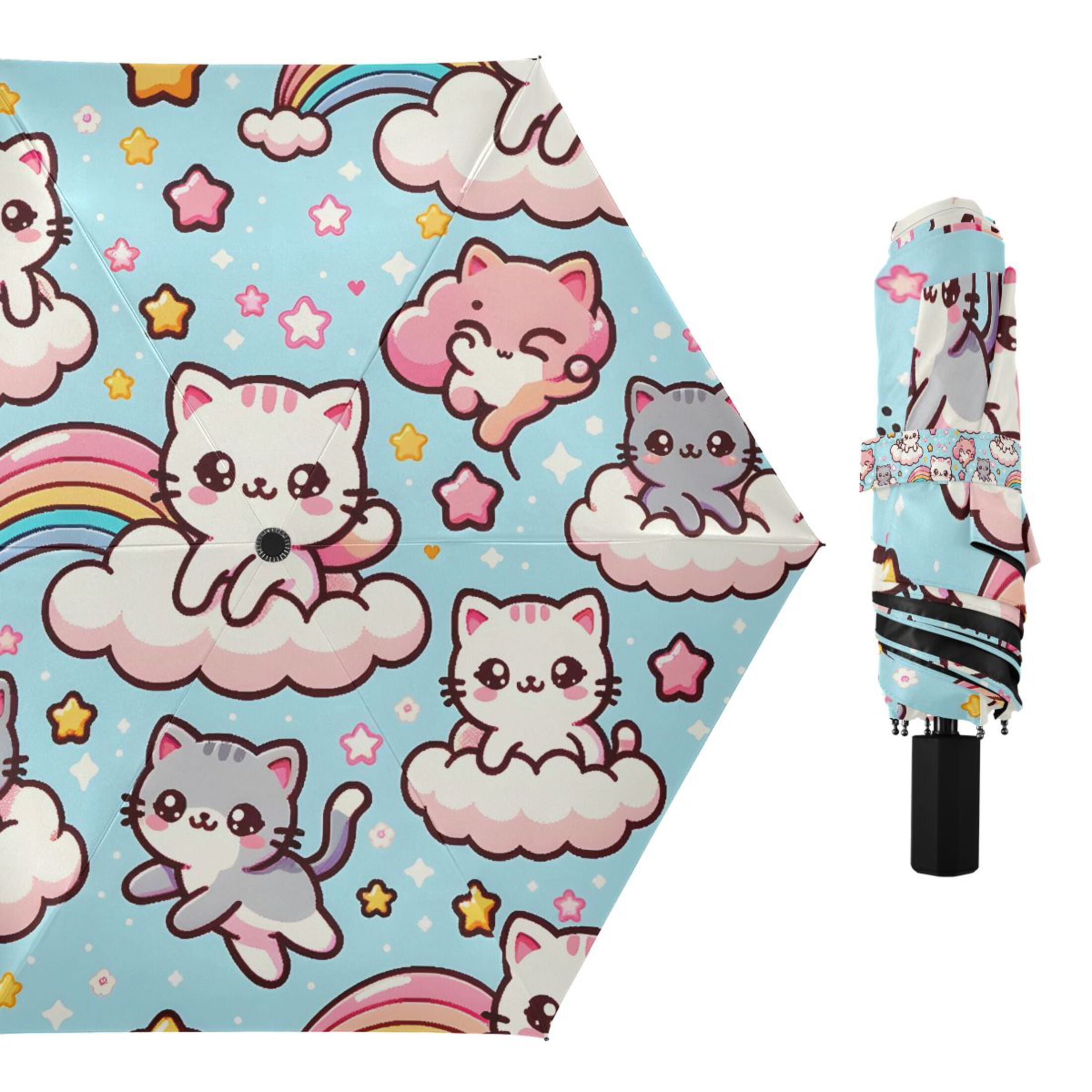 Cute Cats with Cloud Compact Sun Umbrella Windproof Travel Umbrellas for Rain Strong Portable UV Protection