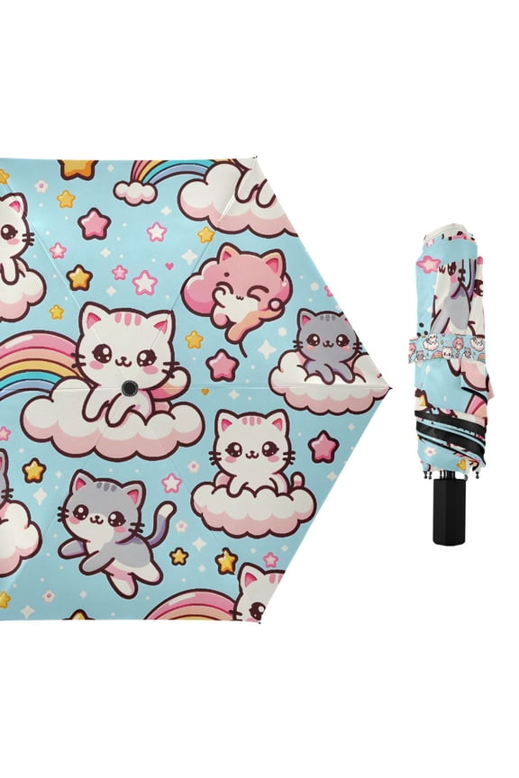 Cute Cats with Cloud Compact Sun Umbrella Windproof Travel Umbrellas for Rain Strong Portable UV Protection