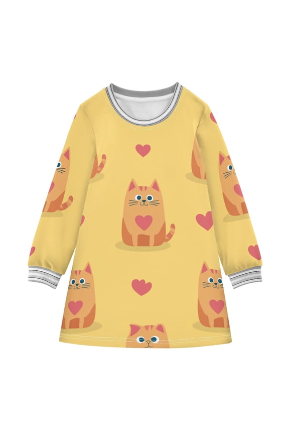 Cute Cats with Pink Hearts Valentine Vector Long-sleeved Dress A-line One-Piece Dress for 2-8 Years Casual Party 2T