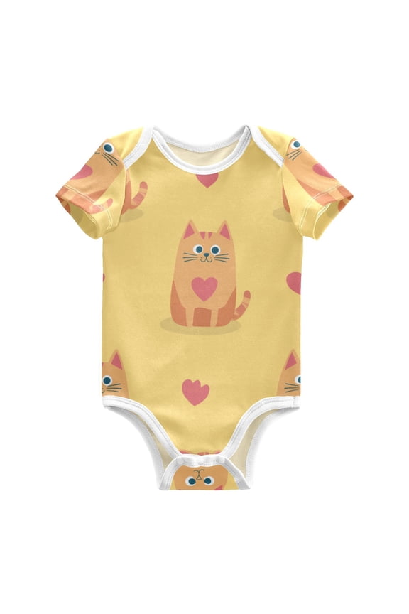 Cute Cats with Pink Hearts Valentine Vector Pure Cotton Bodysuit Short Sleeve Pajamas One-Piece Romper Unisex 2T