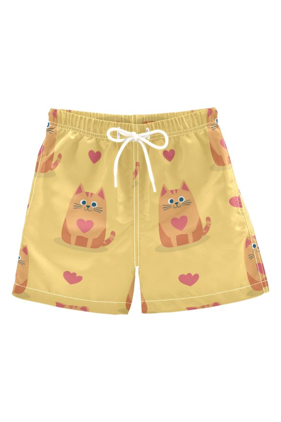 Cute Cats with Pink Hearts Valentine Vector Swim Trunks Board Shorts Beach Pants Bathing Bottoms 4T