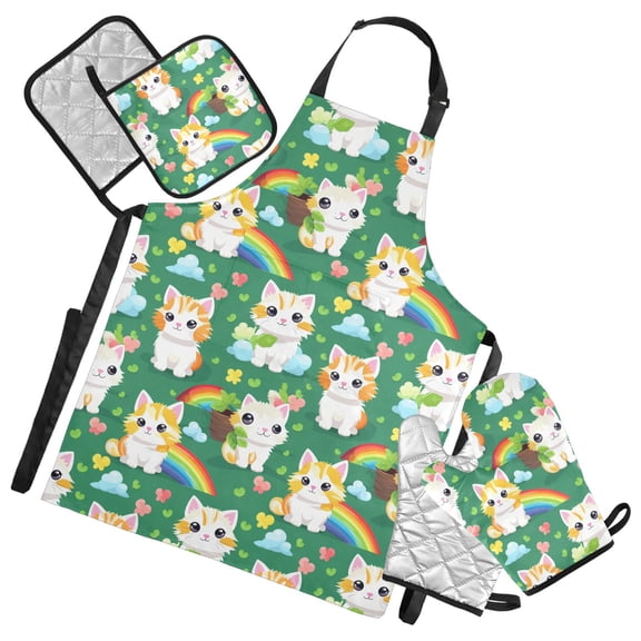 Cute Cats with Rainbow 5 Pcs Kitchen Set Heat Resistant Oven Mitts and Non-Slip Pot Holders with Adjustable Cooking Apron