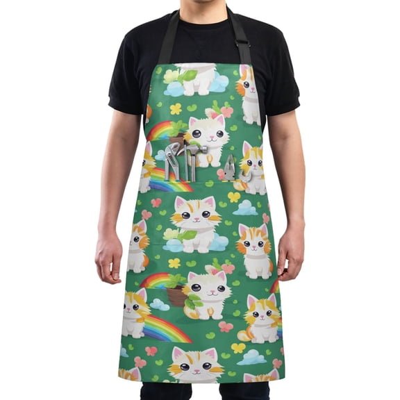 Cute Cats with Rainbow Kitchen Apron with 2 Pockets Adjustable waterproof Cooking Aprons for Women Men Chef