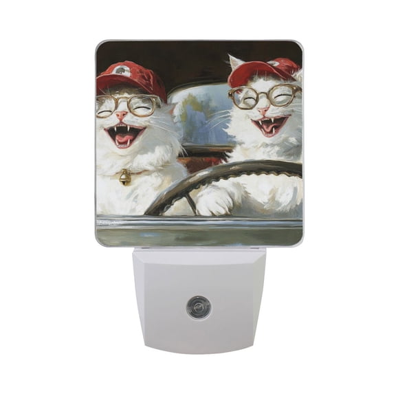Cute Cats with Red Hats Drive Car LED Night Light with Smart Sensor Plug Into Wall Dusk to Dawn 2 packs