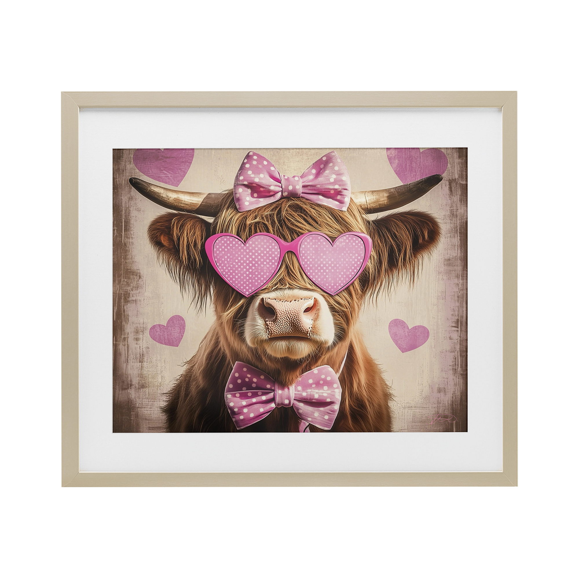 Cute Cattle Pink Hearts Birch Framed Print Under Glass, design by Shawna Stewart