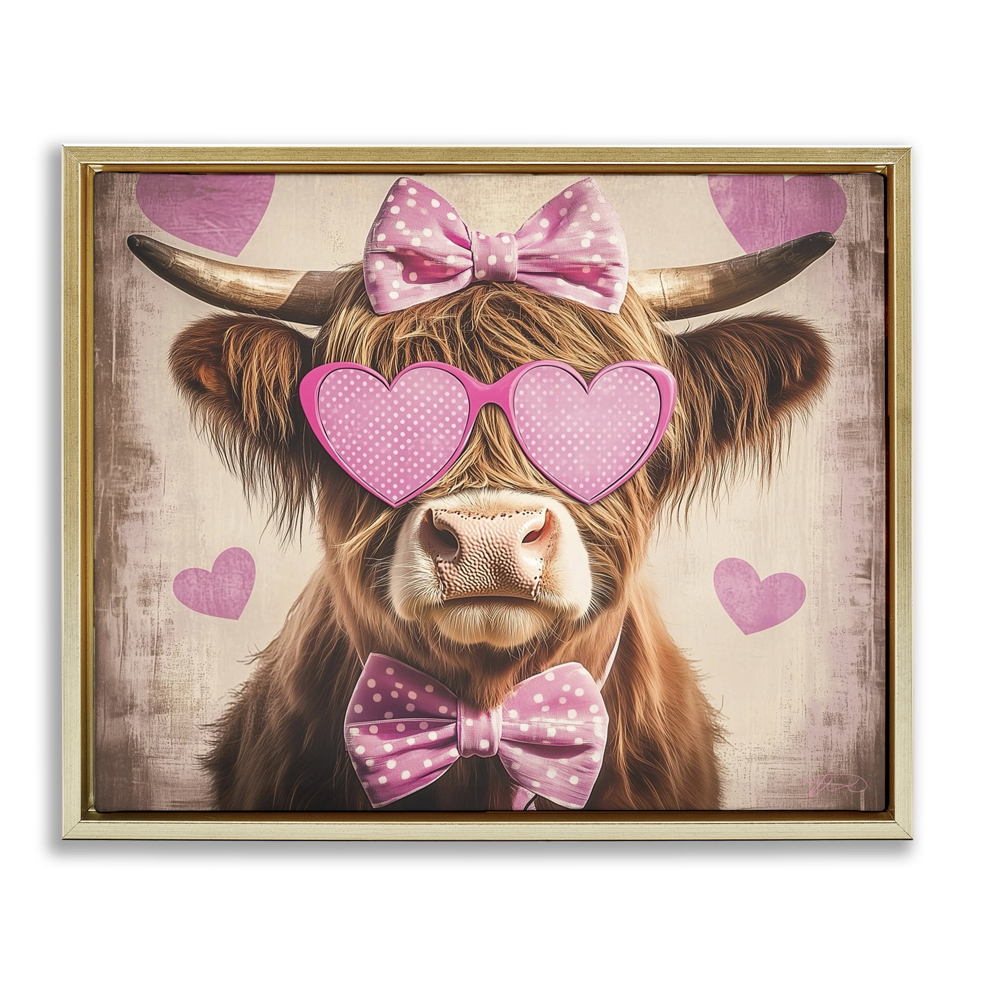 Cute Cattle Pink Hearts Gold Framed Floater Canvas Wall Art, design by Shawna Stewart