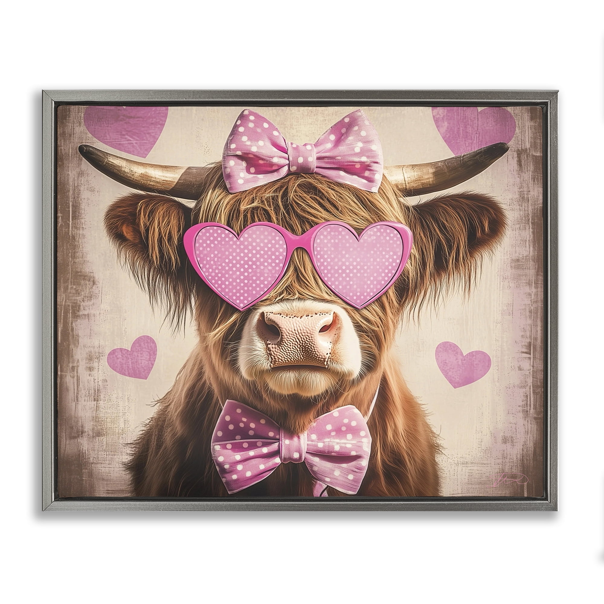 Cute Cattle Pink Hearts Gray Framed Floater Canvas Wall Art, design by Shawna Stewart