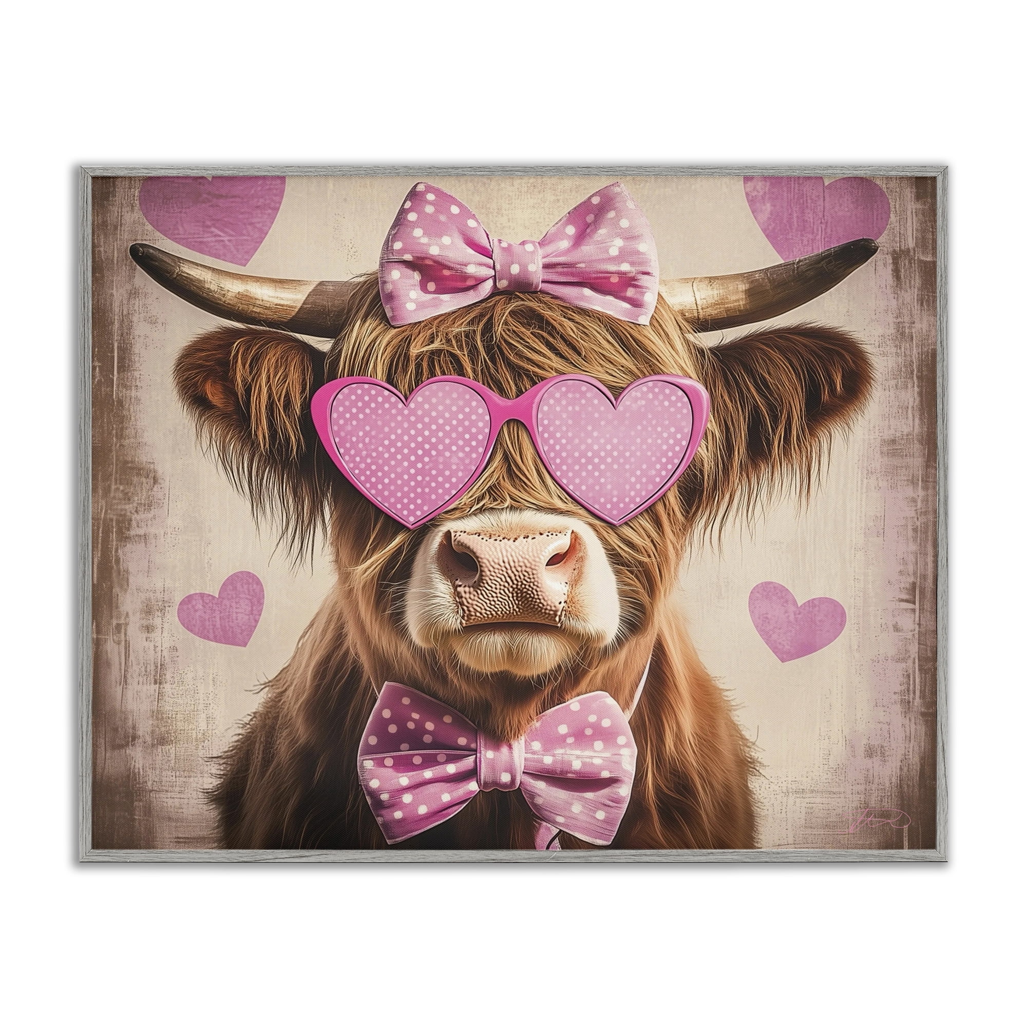 Cute Cattle Pink Hearts Gray Framed Giclee Art, design by Shawna Stewart