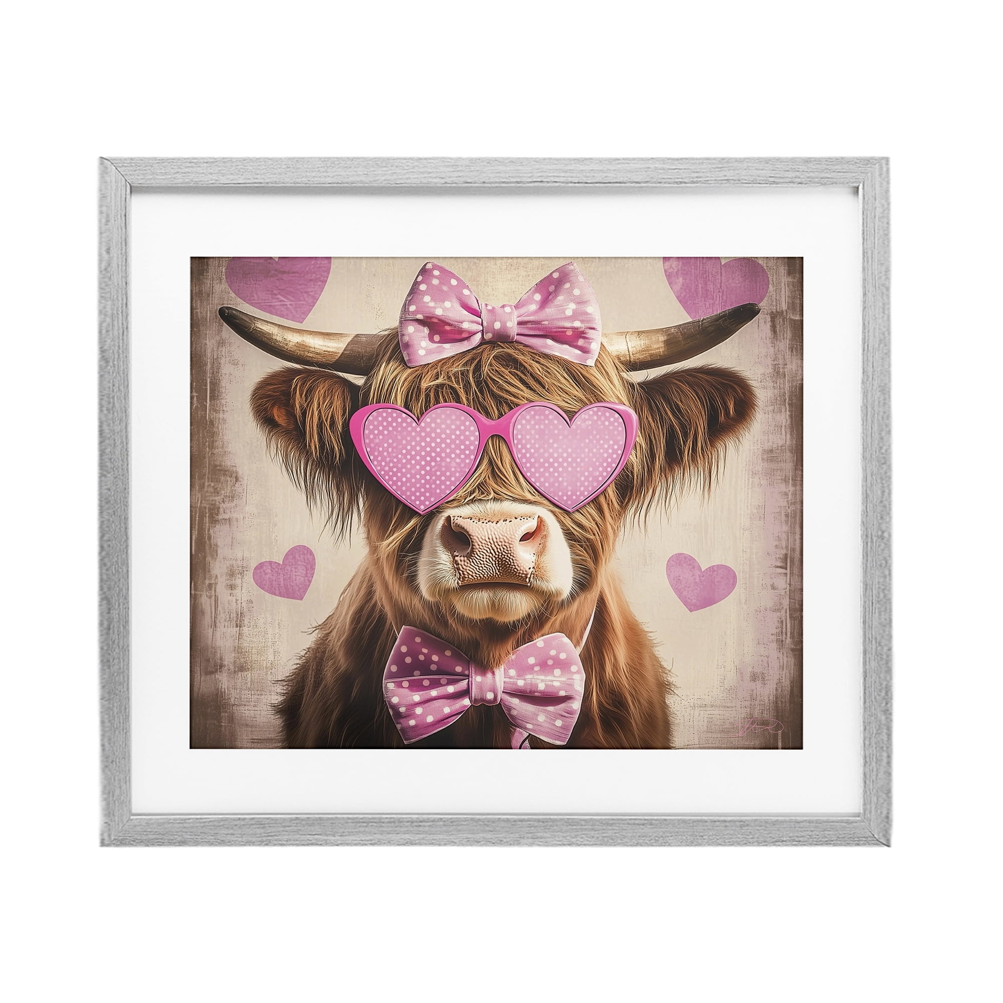 Cute Cattle Pink Hearts Gray Framed Print Under Glass, design by Shawna Stewart