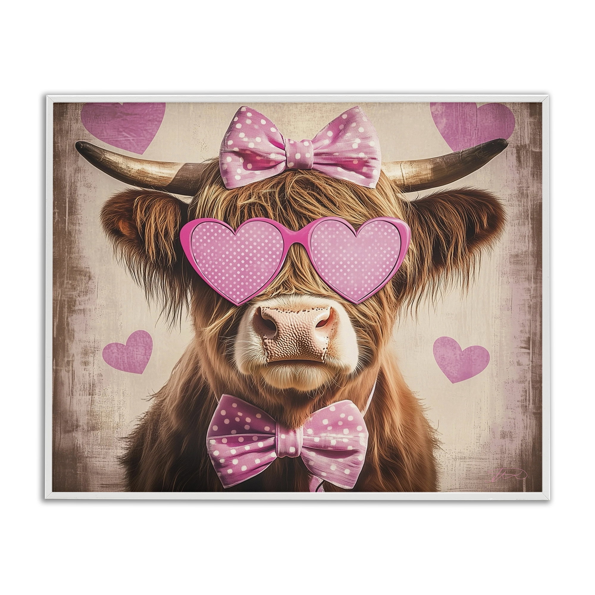 Cute Cattle Pink Hearts White Framed Giclee Art, design by Shawna Stewart