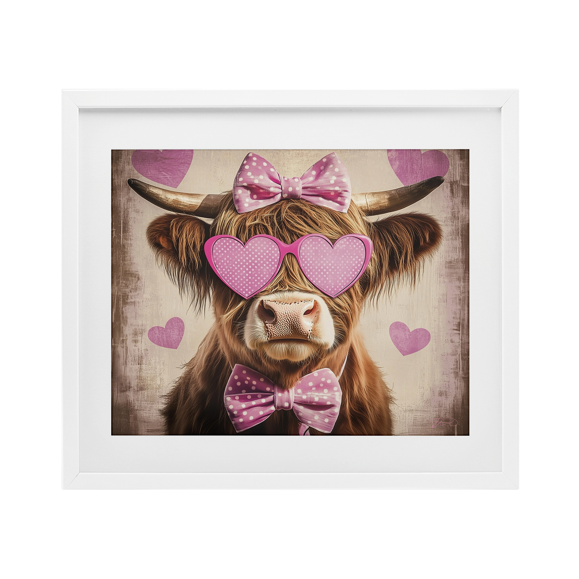 Cute Cattle Pink Hearts White Framed Print Under Glass, design by Shawna Stewart