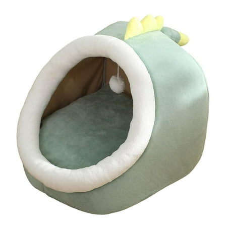 Cute Cave Bed with Ball Slip Bottom Furniture Warm Dog Basket Soft Hideout Portable Pet House Nest for Puppy Indoor Cats Rabbit Kitten , 35x35x31cm Green