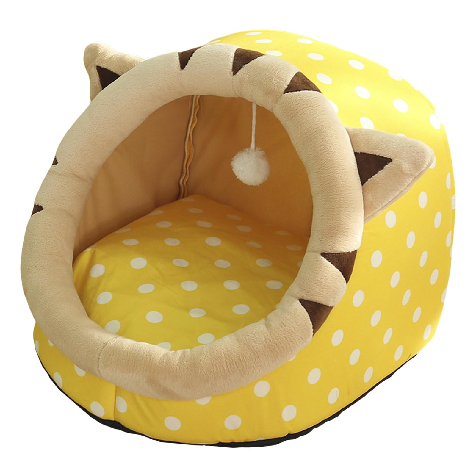 Cute Cave Bed with Ball Slip Bottom Furniture Warm Dog Basket Soft Hideout Portable Pet House Nest for Puppy Indoor Cats Rabbit Kitten , 35x35x31cm Yellow