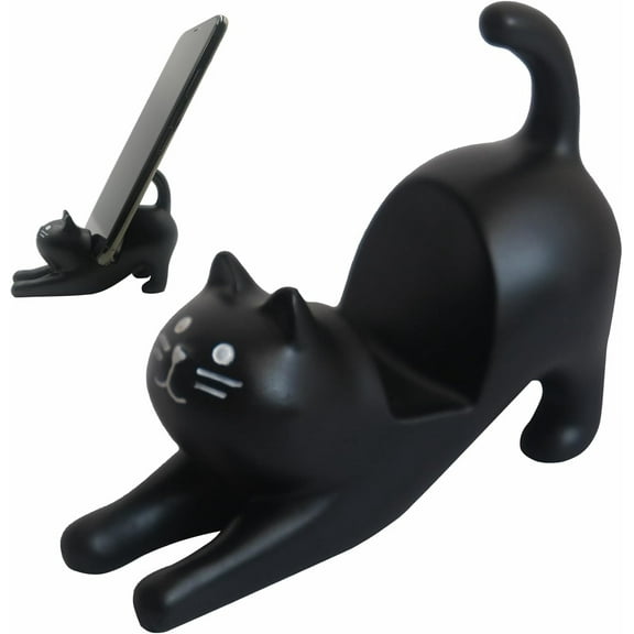 Cute Cell Phone Holder Stand for Desk, iPhone Mount for Office Tablet Accessories Gifts, Cool Desktop Decor Gadgets to Support Your Cellphone for Men Women Boys Girls - Kawaii Black Cat