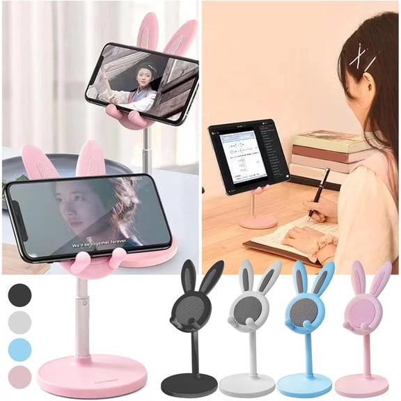 Cute Cell Phone Stand, Adjustable Bunny Phone Stand for Desk, Gifts for Women, Thick Case Friendly Holder Compatible with iPhone, Kindle, iPad, Switch, All Phones (Pink)