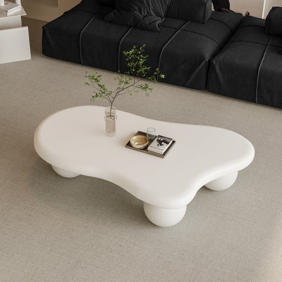 Cute Center Coffee Table, Irregular Coffee Table, Modern Low Coffee Tables, 47" Cloud Coffee Table for Living Room, Abstract Faux Stone, with 3 Ball Legs for Living Room, Small Space Apartment