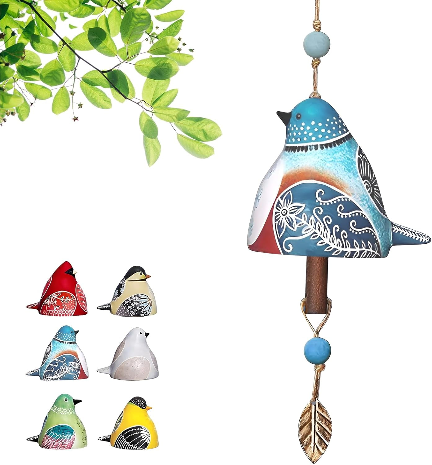 Cute Ceramic Bird Song Bell Wind Chime Hanging Bell,Fashion Happy Bird Bell Chime for Outside and Indoor,Patio Garden Balcony Decor Hanging Windchimes (Blue)