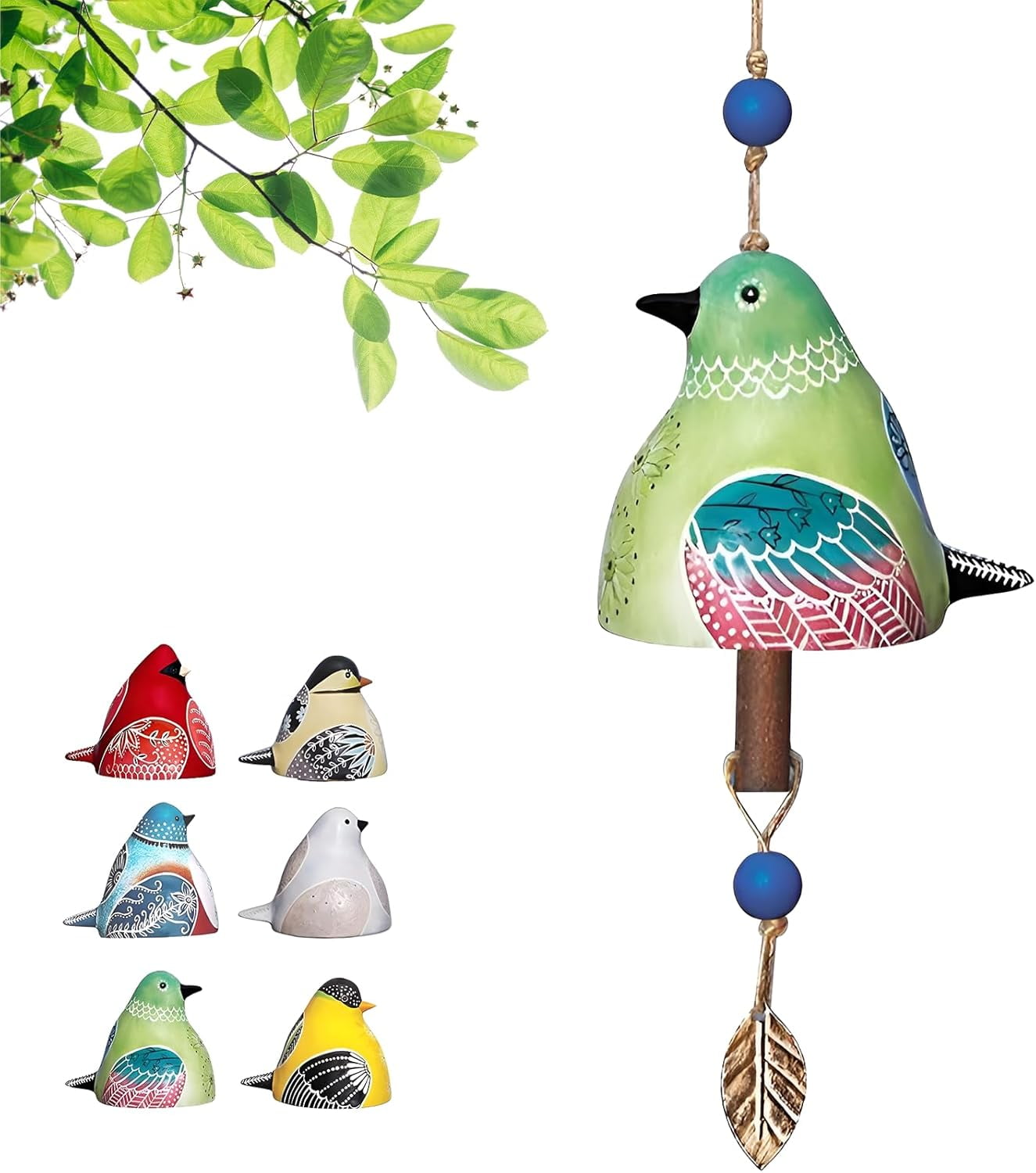 Cute Ceramic Bird Song Bell Wind Chime Hanging Bell,Fashion Happy Bird Bell Chime for Outside and Indoor,Patio Garden Balcony Decor Hanging Windchimes (Green)