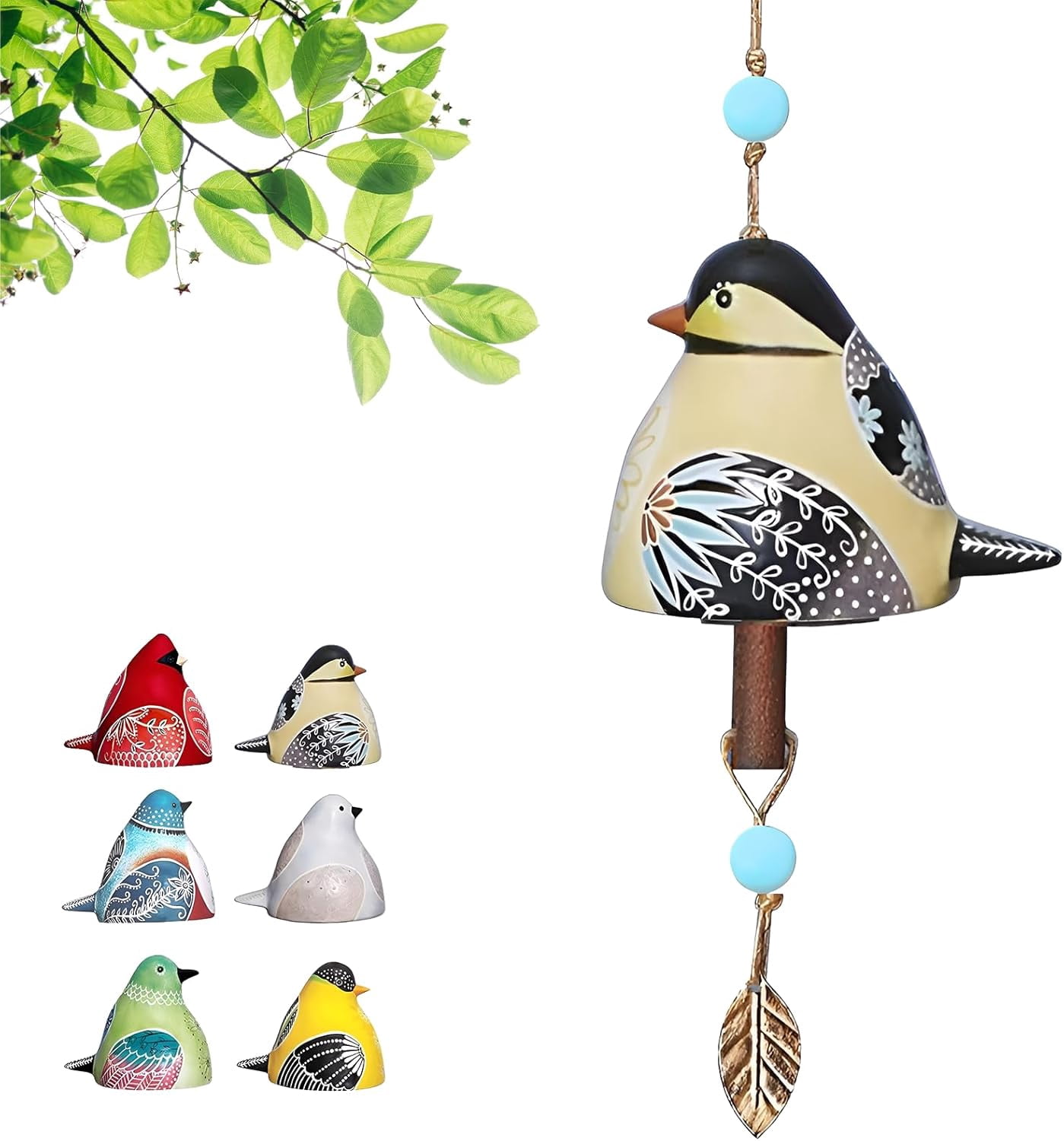 Cute Ceramic Bird Song Bell Wind Chime Hanging Bell,Fashion Happy Bird Bell Chime for Outside and Indoor,Patio Garden Balcony Decor Hanging Windchimes (Light Yellow)