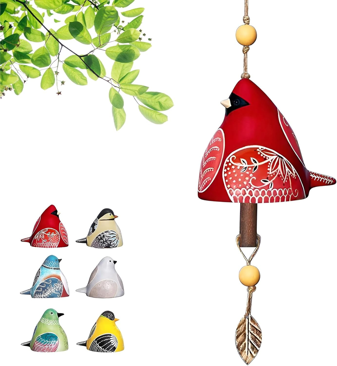 Cute Ceramic Bird Song Bell Wind Chime Hanging Bell,Fashion Happy Bird Bell Chime for Outside and Indoor,Patio Garden Balcony Decor Hanging Windchimes (Red)