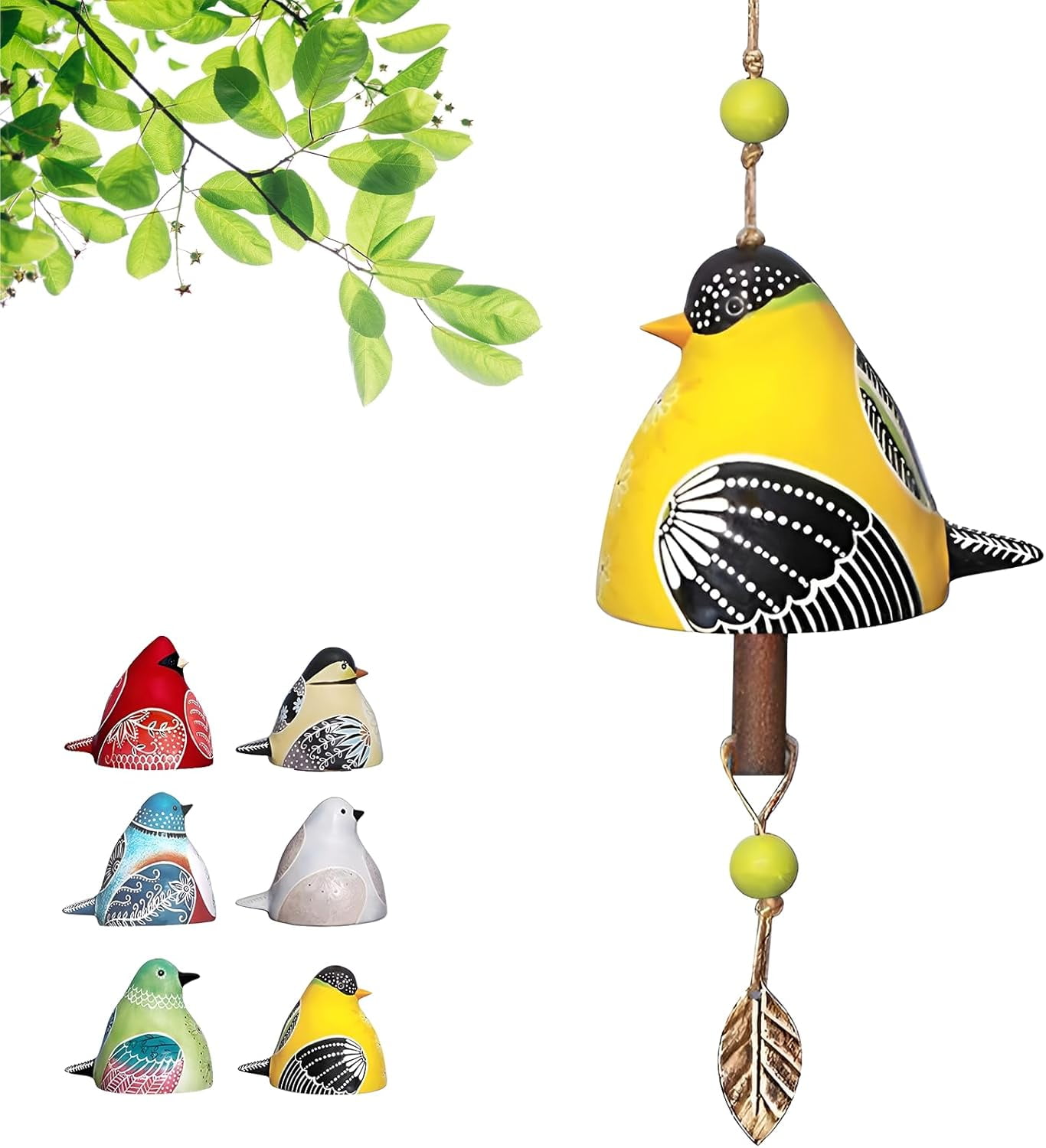 Cute Ceramic Bird Song Bell Wind Chime Hanging Bell,Fashion Happy Bird Bell Chime for Outside and Indoor,Patio Garden Balcony Decor Hanging Windchimes (Yellow)