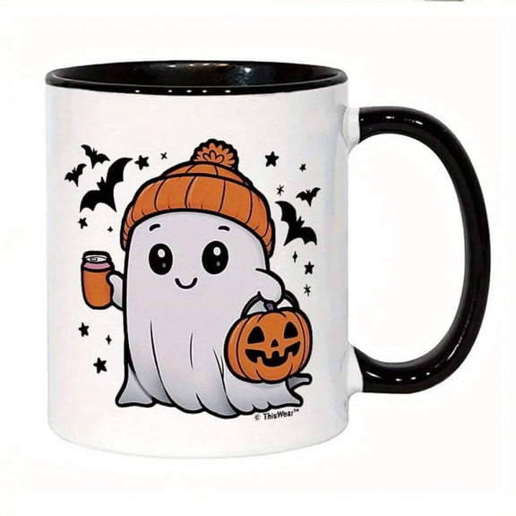 Cute Ceramic Coffee Mug with Smiling Bat Pumpkin Design 11oz White Black Gothic Tea Coffee Cup with Beige Interior Spooky Cute Halloween Christmas Graduation Durable Easy Clean Ceramic Cup Hot Drinks