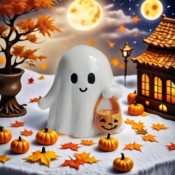 Cute Ceramic Ghost Figurine with Pumpkin Basket  Halloween Tabletop Decoration, Spooky Holiday Ornament for Home, Office, Party Display