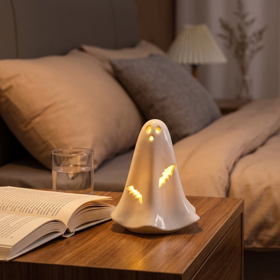 Cute Ceramic Ghost Night Light with Cutout, Small Spooky Ghost Table Lamp, Warm Ghost Figurine Decor for Bedroom Shelf Fall Halloween Home Decor