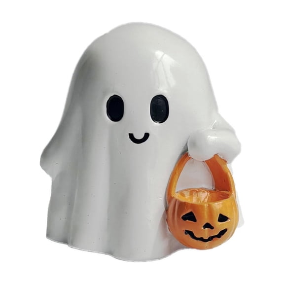 Cute Ceramic Halloween Ghost Figurine with Pumpkin Basket Adorable Decorative Ornament for Home, Office, Party Table, Holiday Decor