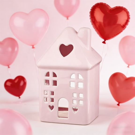 Cute Ceramic House Tabletop Ornament - Durable Glazed Craft Mini Size, Adorable Design, Lightweight Easy to Place, Perfect for Home Living Room Office Desk Decor & Gift, 6*3.5in, Pink