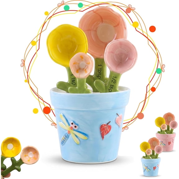 Cute Ceramic Measuring Spoons Set with Flower Pot Base, 5-Piece Hand-Painted Measuring Spoon Set for Baking & Cooking, Aesthetic Kitchen Gadget, Cute Measuring Cups & Spoons, Gift for Home (Blue)